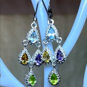 Multi gemstone lever back earrings in platinum bond & stainless steel. 1.85 ctw